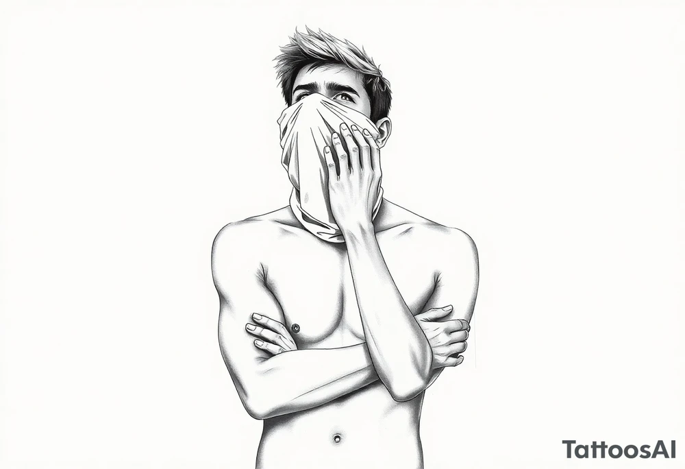 a naked man covering his eyes and mouth with a cloth with no emotions and looking up tattoo idea