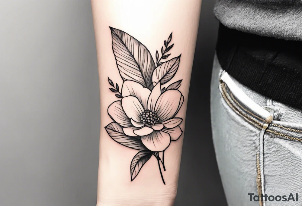 small feminine minimalist tattoo of a stick with leafs and flower on wrist tattoo idea