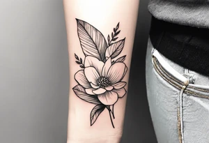 small feminine minimalist tattoo of a stick with leafs and flower on wrist tattoo idea