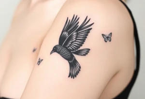Show me an upper arm/shoulder/shoulder blade tattoo design with a birth flower for July, July, January, September, and 3 butterflies, and a raven and an eagle tattoo idea