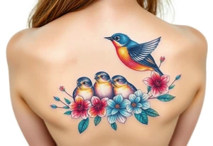 Mom bird and three baby birds with flowers tattoo idea