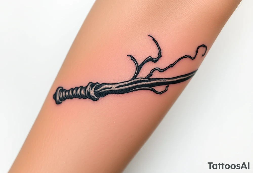 A Death Eater wand with a bone-like structure, emitting dark magical tendrils tattoo idea