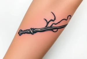 A Death Eater wand with a bone-like structure, emitting dark magical tendrils tattoo idea