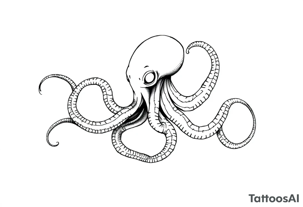 A minimalist blackwork tattoo design of a kraken The kraken is viewed from a 45-degree angle facing left, with its head centered. The tentacles extend only to the left and right, with none going downward beneath the head. The style is clean, fine-line detailing with bold outlines, avoiding heavy shading. The tentacles should be fluid, aggressive, and striking, enhancing the menacing and eerie look of the kraken while maintaining a cohesive design for a tattoo sleeve. tattoo idea