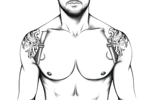 straps made of tribal designs around arms and shoulders tattoo idea