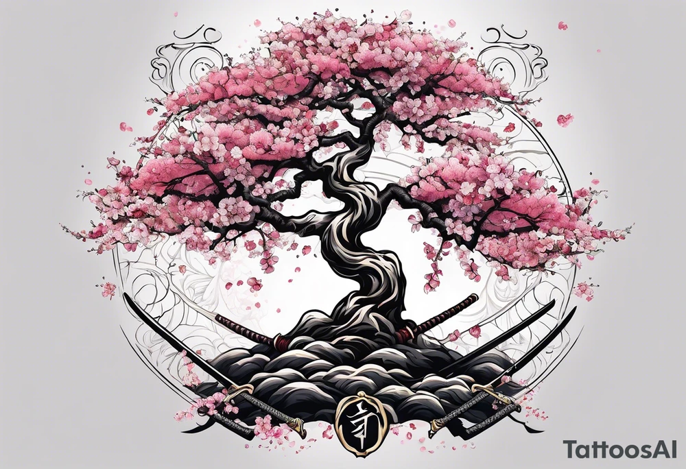 Japanese cherry tree with a katana laying against it tattoo idea