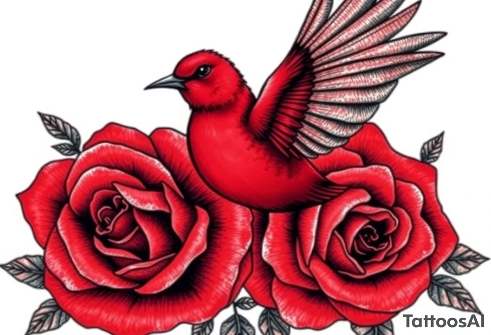 Vintage lace, red roses close together, bright red bird flying freely tattoo idea