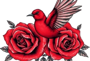 Vintage lace, red roses close together, bright red bird flying freely tattoo idea