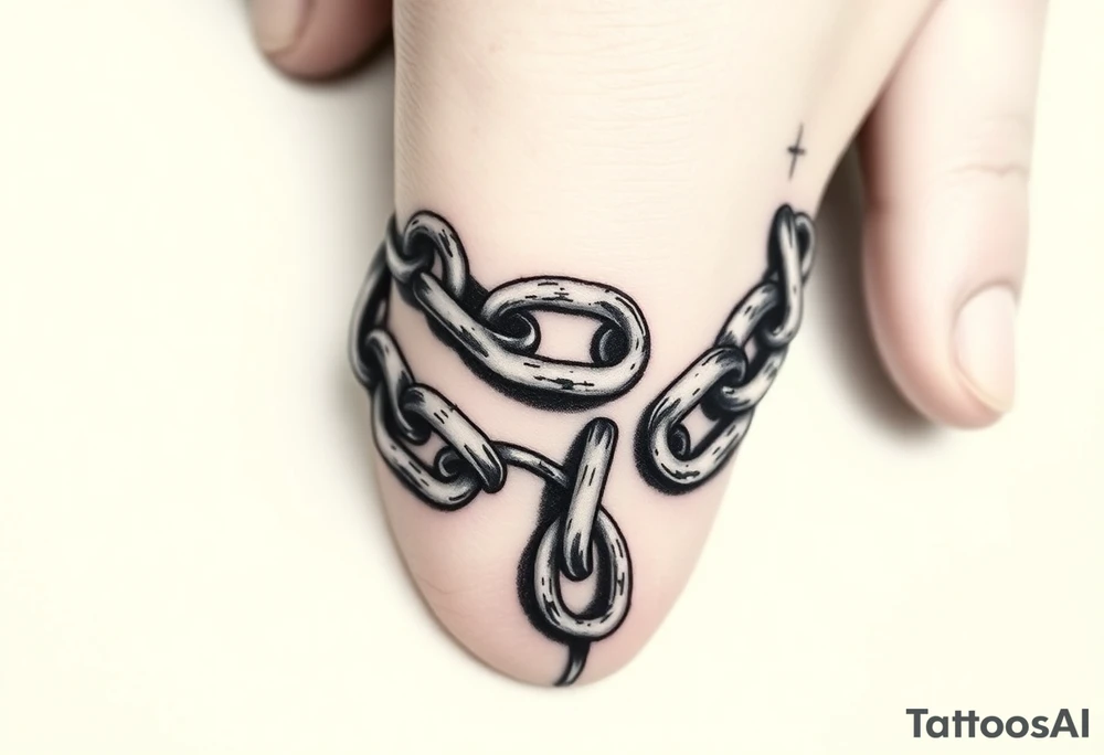 gothic chains intertwined on index finger and thumb connecting together as if you’re grabbing something tattoo idea