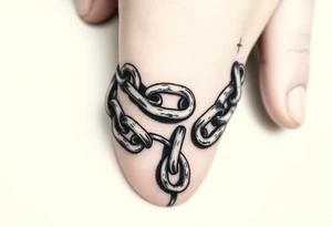 gothic chains intertwined on index finger and thumb connecting together as if you’re grabbing something tattoo idea