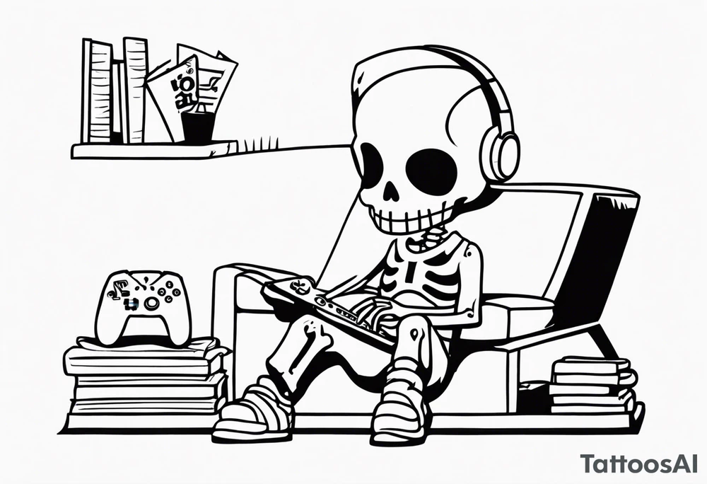 Kid wearing a one piece skeleton costume playing video games tattoo idea