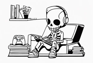Kid wearing a one piece skeleton costume playing video games tattoo idea