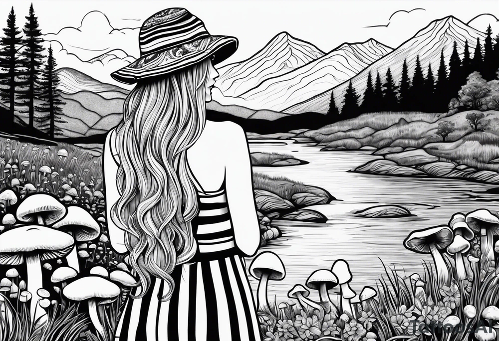 Straight long blonde hair hippie girl in distance holding mushrooms in hand facing away toward mountains and creek surrounded by mushrooms black and white striped dress tattoo idea