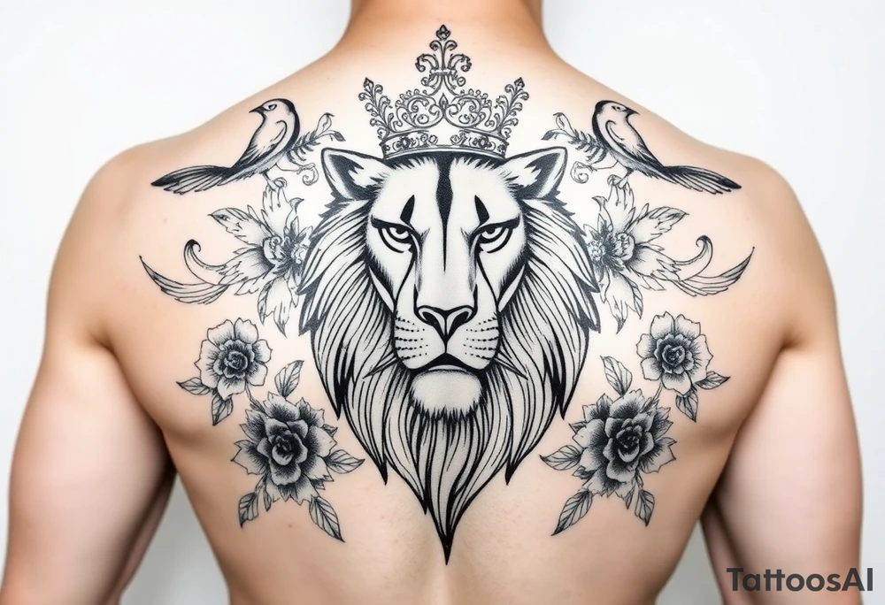 powerful majestic lion with a crown, surrounded by floral ornaments and birds tattoo idea