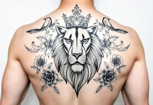 powerful majestic lion with a crown, surrounded by floral ornaments and birds tattoo idea