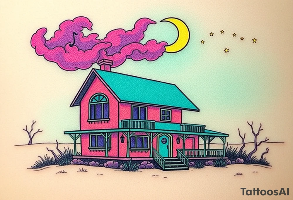 Tim Burton’s haunted pastel beach home is abandoned and dripping with muted reds, dusty pinks, and eerie green glow.purple and cyan smokey clouds swirl in the crescent moonlit sky thats sprinkled with stars tattoo idea tattoo idea