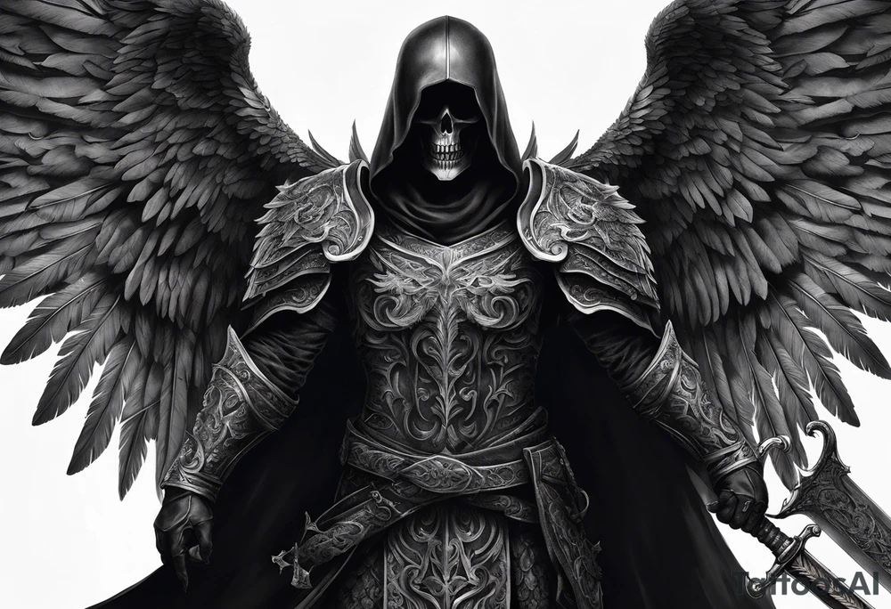 realistic full body of black angel of death, no face, face is not visible, with wings holding only one sword in both hands, the edge of the sword is killing the skull tattoo idea