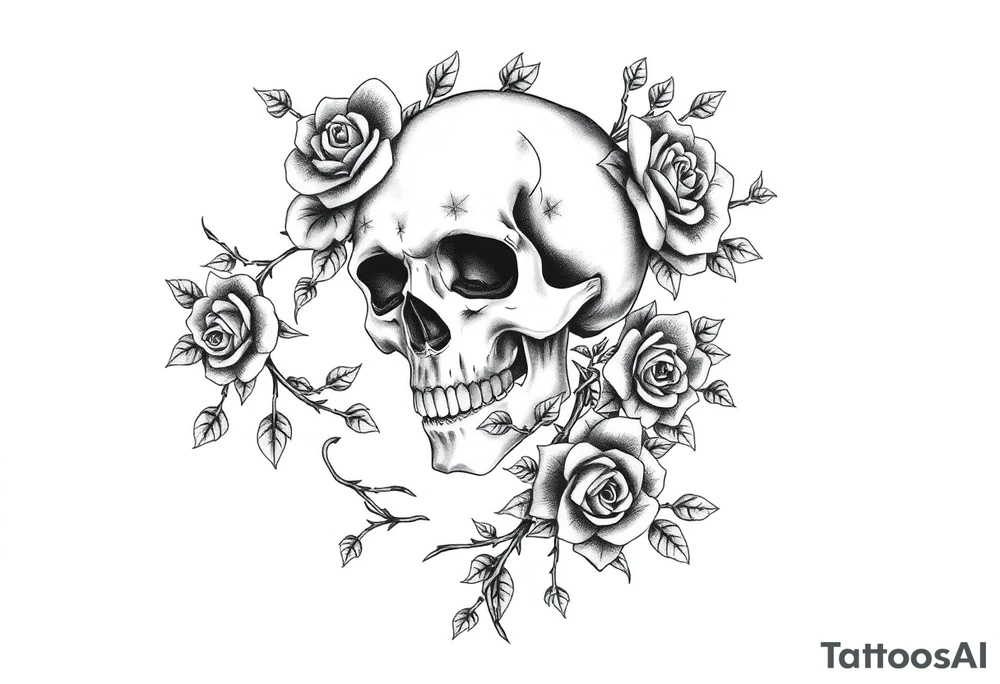 gothic skull intertwined with climbing roses and thorny vines tattoo idea