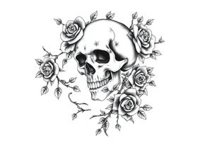 gothic skull intertwined with climbing roses and thorny vines tattoo idea