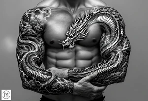 storm clouds and lightning mixed throughout, eastern dragon wrapping around the arm with head at the inside wrist, tattoo idea