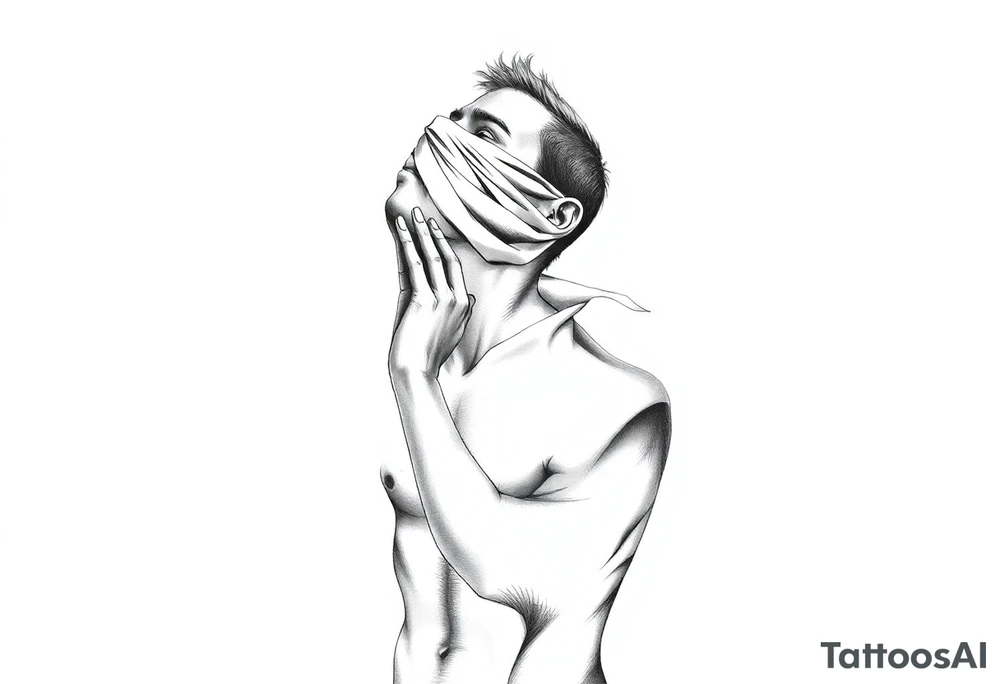 a naked man covering his eyes and mouth with a cloth with no emotions and looking up the sky tattoo idea