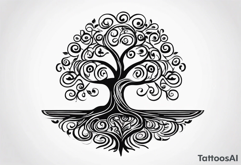 Black and white folk art whimsical tree of life drawing with roots winding all over tattoo idea