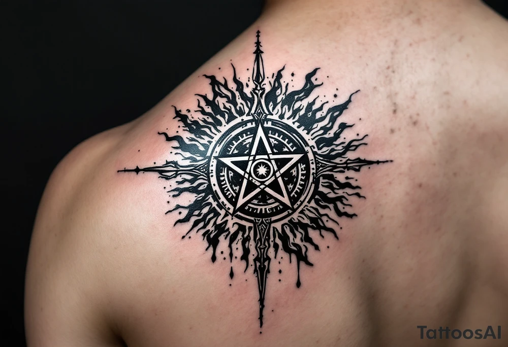 powerful wicca symbol surrounded with magic tattoo idea