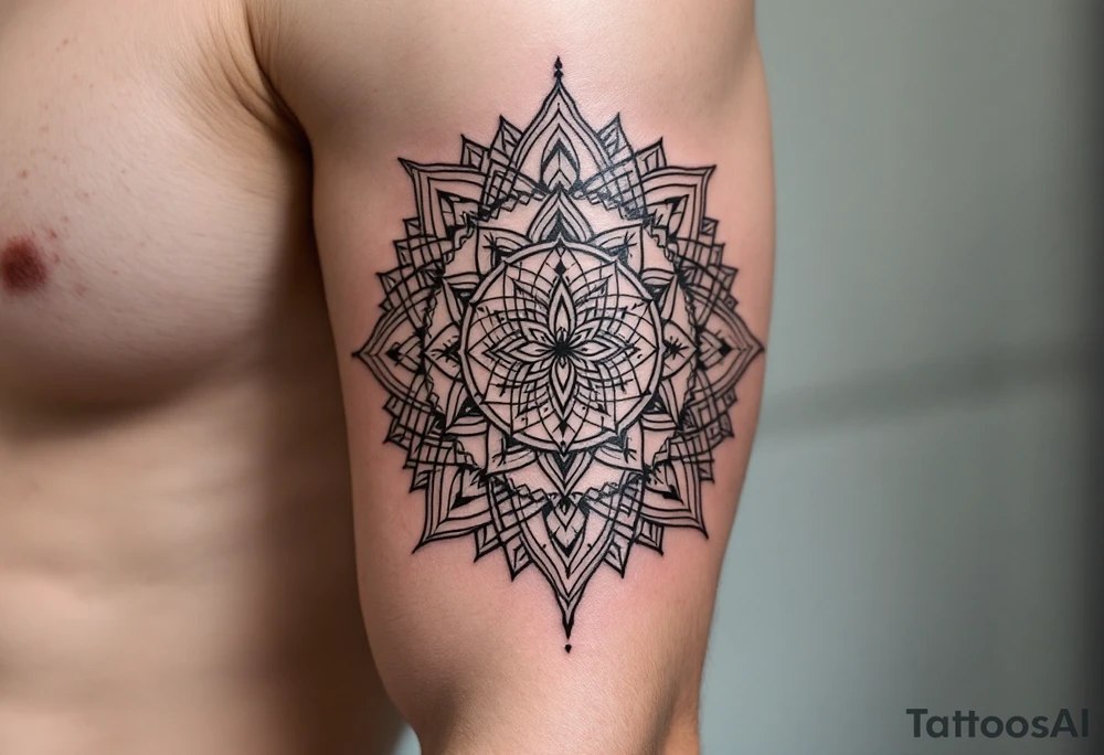 An intricate mandala with akarma symbol in the center tattoo idea