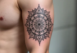An intricate mandala with akarma symbol in the center tattoo idea