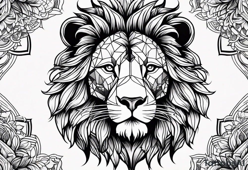 The Face of marcus aurelius with the lower left half missing. He is looking slightly away at 25 degrees. Geometric symbols framing the background. The background has small color splashes of red and purple. tattoo idea