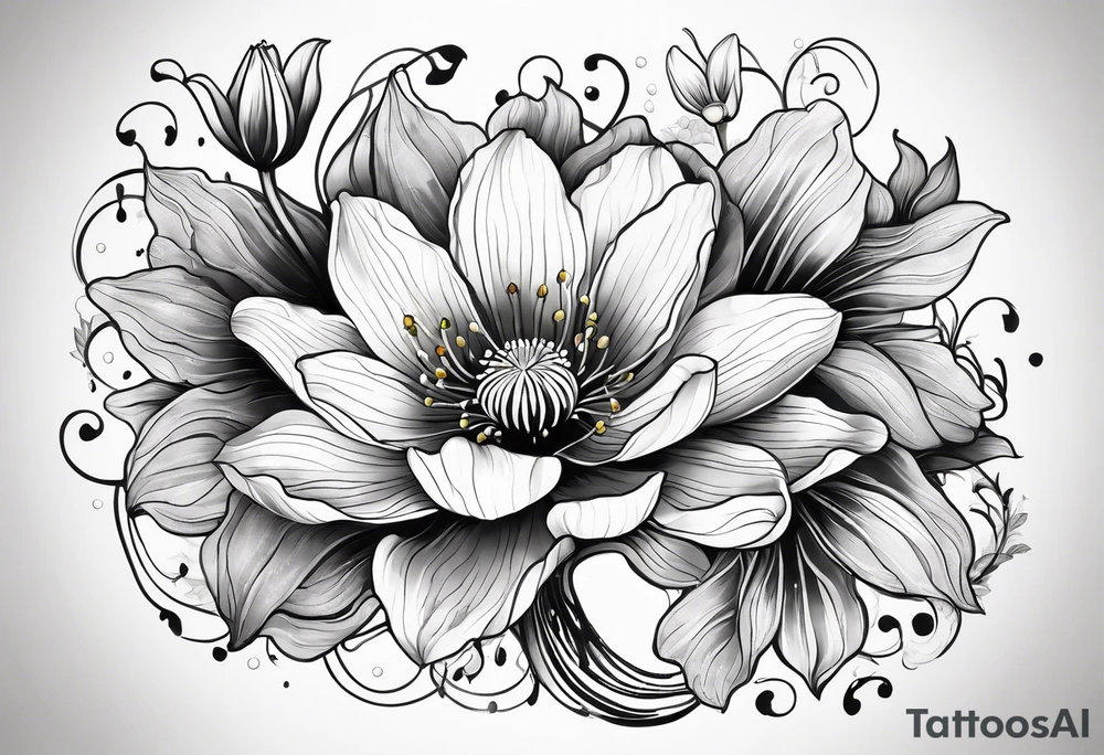 Poppy, water lily, Lily of the valley, daffodil, cosmo, flower bouquet, portrait style tattoo idea