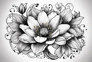 Poppy, water lily, Lily of the valley, daffodil, cosmo, flower bouquet, portrait style tattoo idea