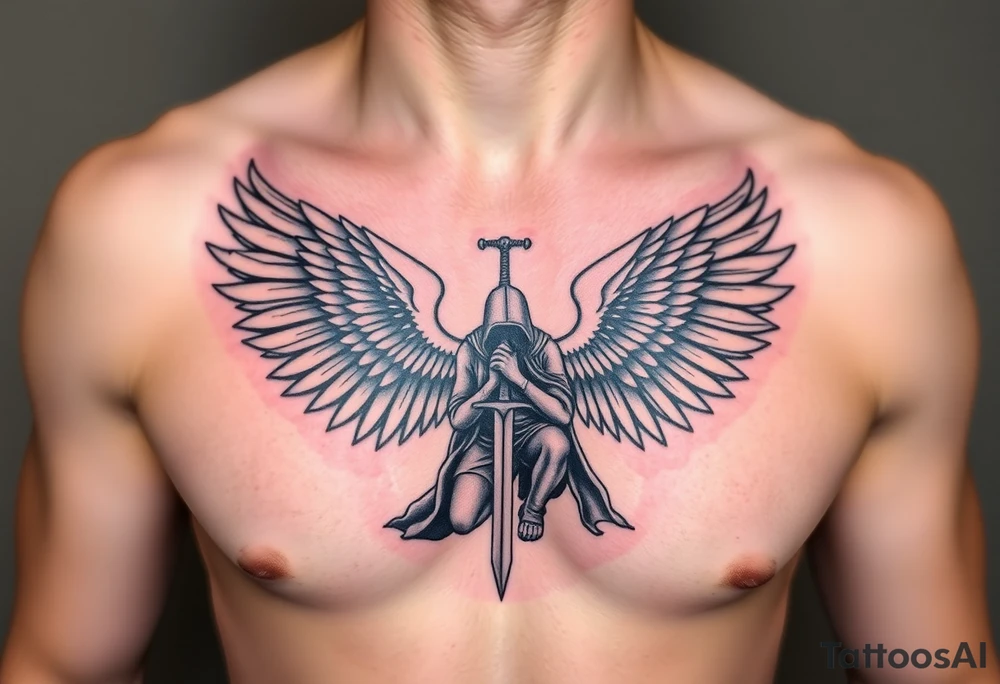 Soldier Angel with long sword kneeling looking down cloak over head wings spread tattoo idea, upper chest tattoo idea