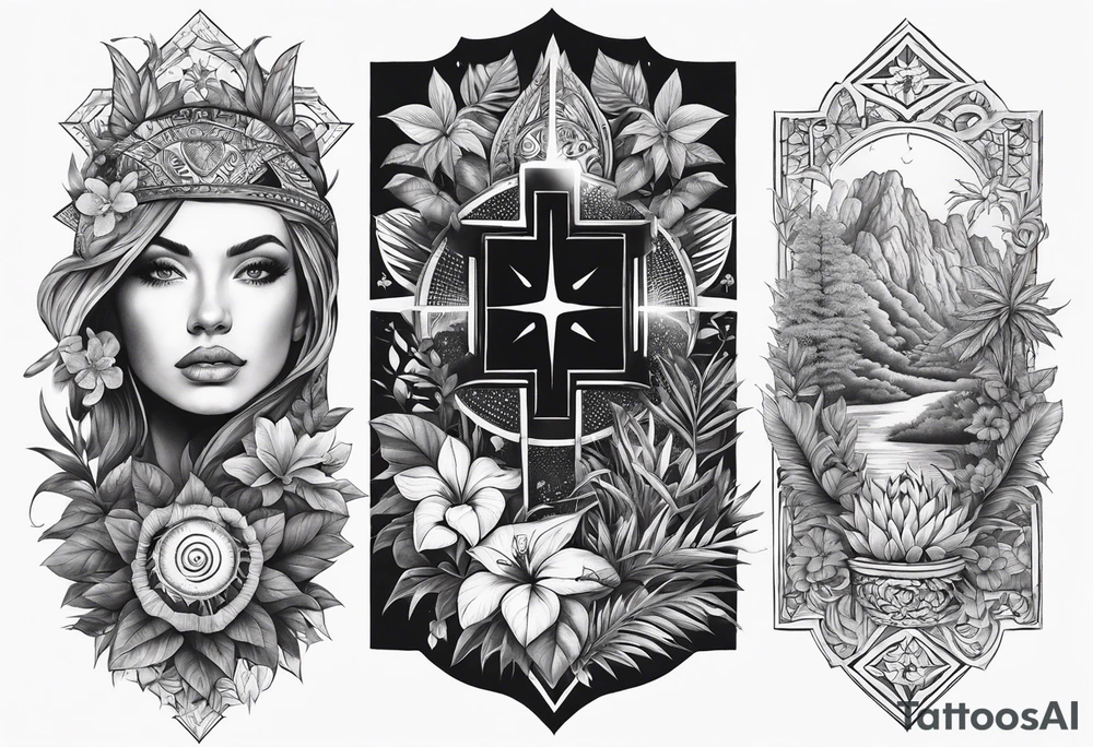 arm sleeve tattoo with the solar cross surrounded by jungle plants tattoo idea
