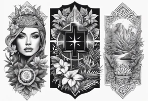 arm sleeve tattoo with the solar cross surrounded by jungle plants tattoo idea