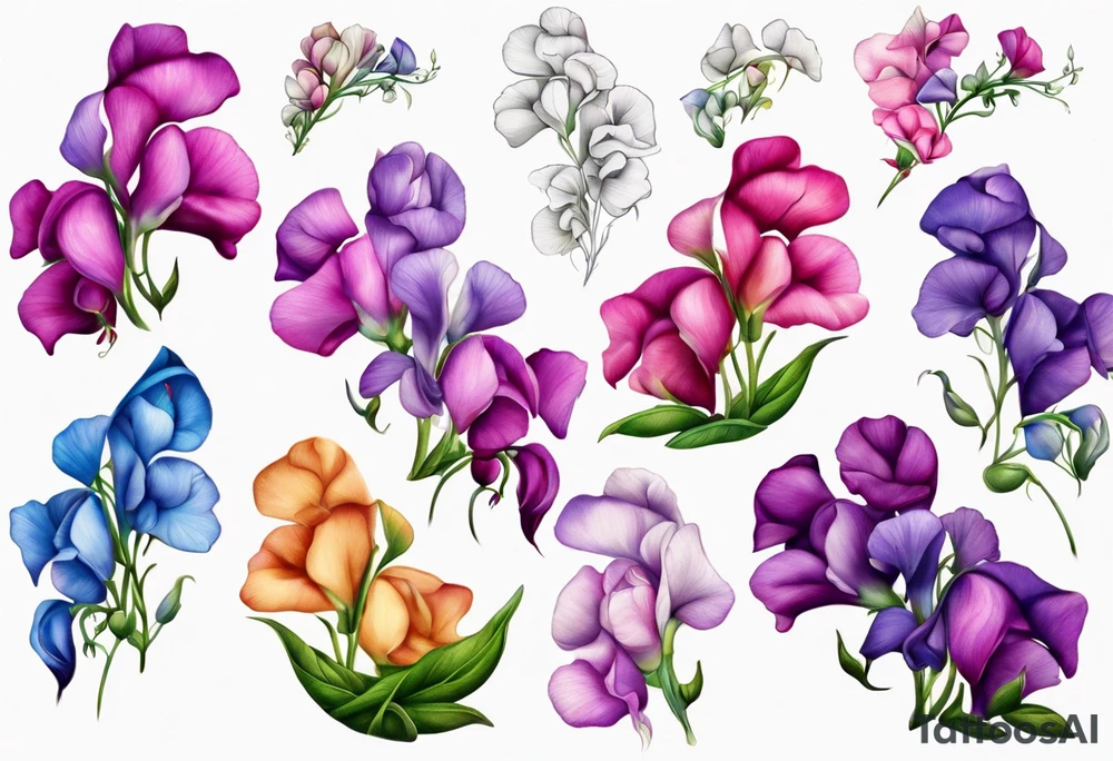 mountain landscape of cascading field 
sweet pea flowers, multi color tattoo idea