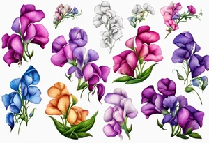 mountain landscape of cascading field 
sweet pea flowers, multi color tattoo idea