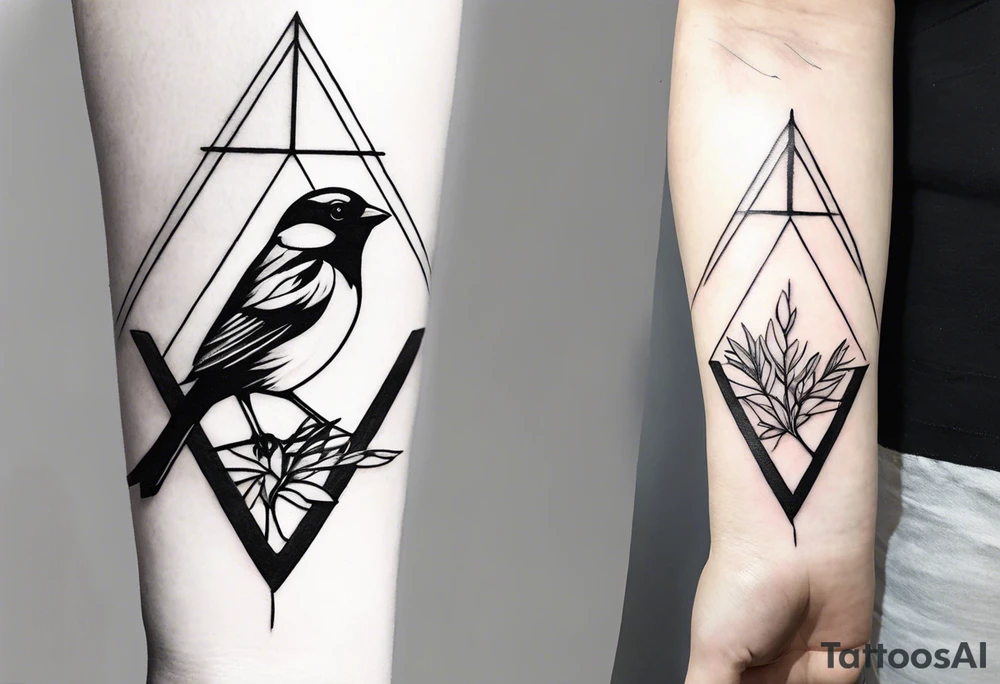 Concept tattoo including a sparrow, resurrection plant, child profile and 2 triangles. Connect these with lines and circles. Starts at shoulder and goes to just above the bend in the arm.  Use the style of @pmtsketch as a reference. tattoo idea
