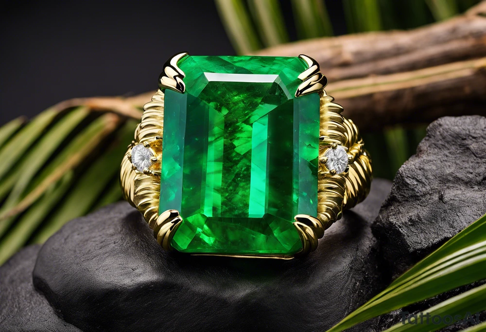 A Gachala emerald sits at the base of a tall quindio wax palm, which grows resiliently from cracks in rugged, rocky soil. The emerald is the main focal point, symbolizing strength and endurance, while the wax palm, rooted in the soil’s crevices, represents growth and resilience. A small water stream flows gently from the rocks, adding an element of life and nourishment. tattoo idea