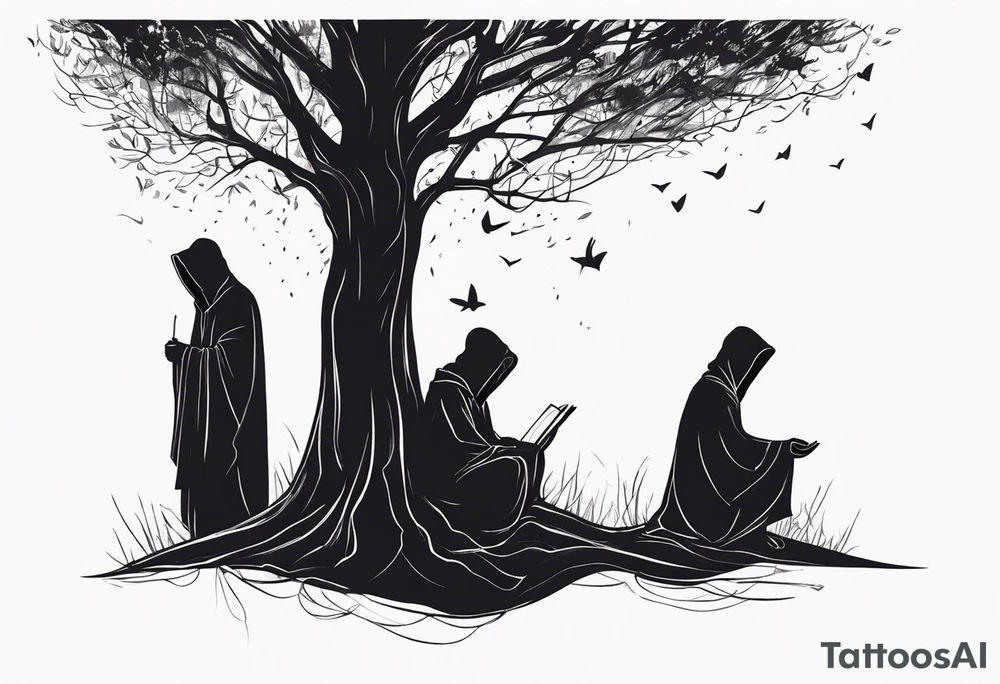 faceless, dark figures under a tree tattoo idea