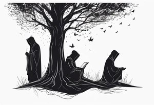 faceless, dark figures under a tree tattoo idea