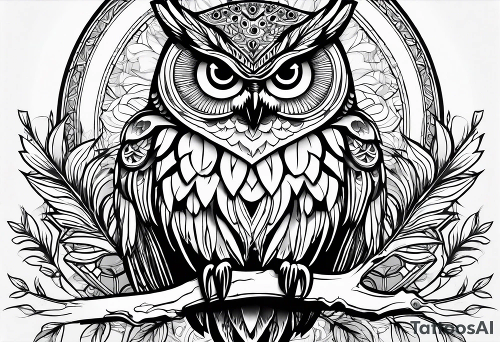 “A wise owl perched on a branch, with large, expressive eyes and intricate feather patterns, representing wisdom tattoo idea