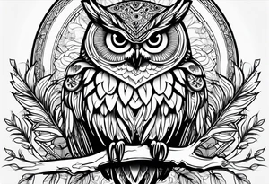 “A wise owl perched on a branch, with large, expressive eyes and intricate feather patterns, representing wisdom tattoo idea