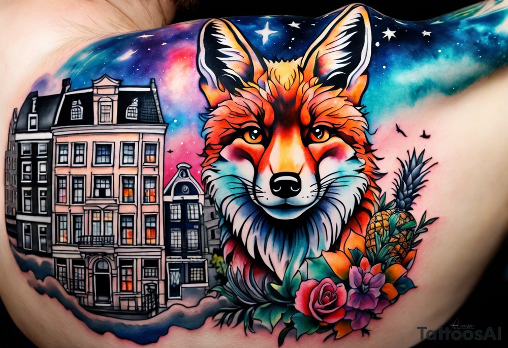 Arm tattoo, Animals, birds, stag, fox, watercolour of animals made from glass in Amsterdam featuring Amsterdam buildings and Amsterdam canal in galaxy colours featuring pineapples as space colours, galaxy colours, night sky, pineapples tattoo idea