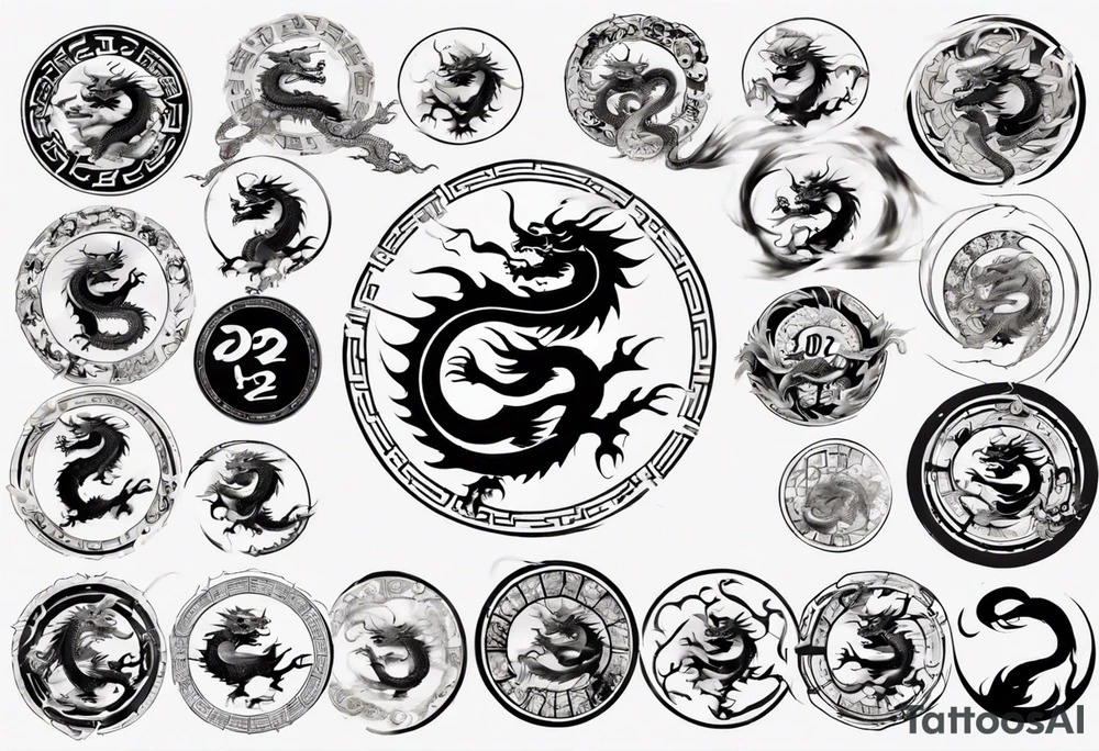 Chinese dragon in a circular shape with "02.03" written on its skin tattoo idea