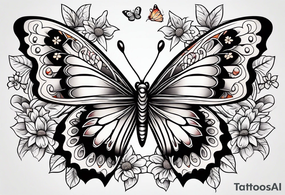butterfly 
with flowers around it vintage old school traditional tattoo idea