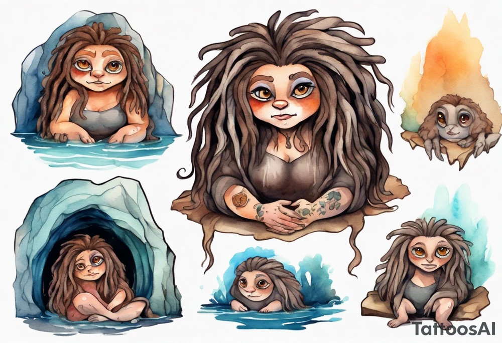 a plump mole woman with large eyes pale fur and messy brown dreadlocks sitting in a cave tattoo idea