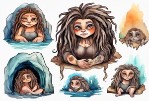a plump mole woman with large eyes pale fur and messy brown dreadlocks sitting in a cave tattoo idea
