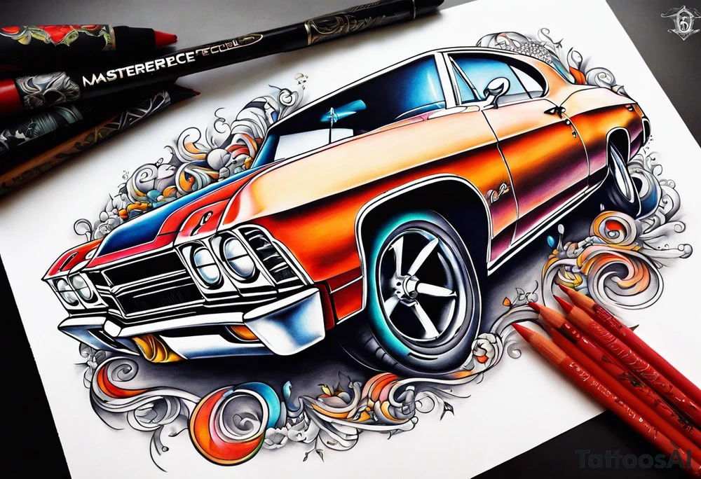 Can you design a surrealism tattoo that says “66 Chevelle” tattoo idea