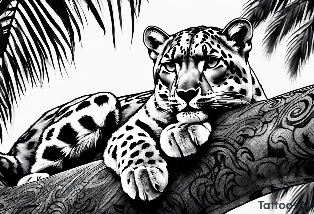 snow leopard laying on palm tree tattoo idea